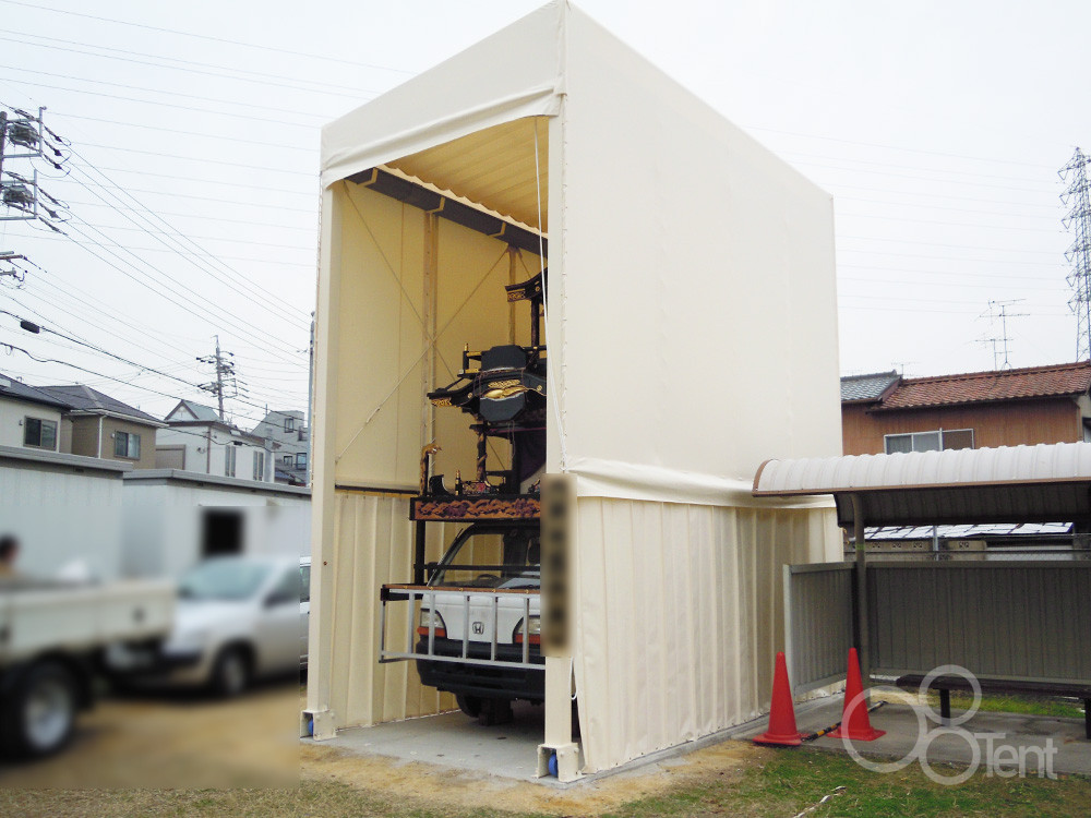 山車保管用テント倉庫（天井開閉式・足元キャスター式）を新設施工｜愛知県名古屋市