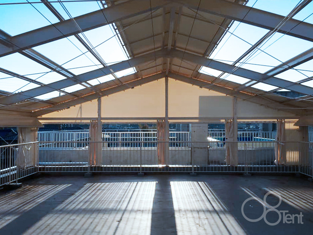 開閉式テント+側面カーテンの屋上運動場屋根をリフォーム施工